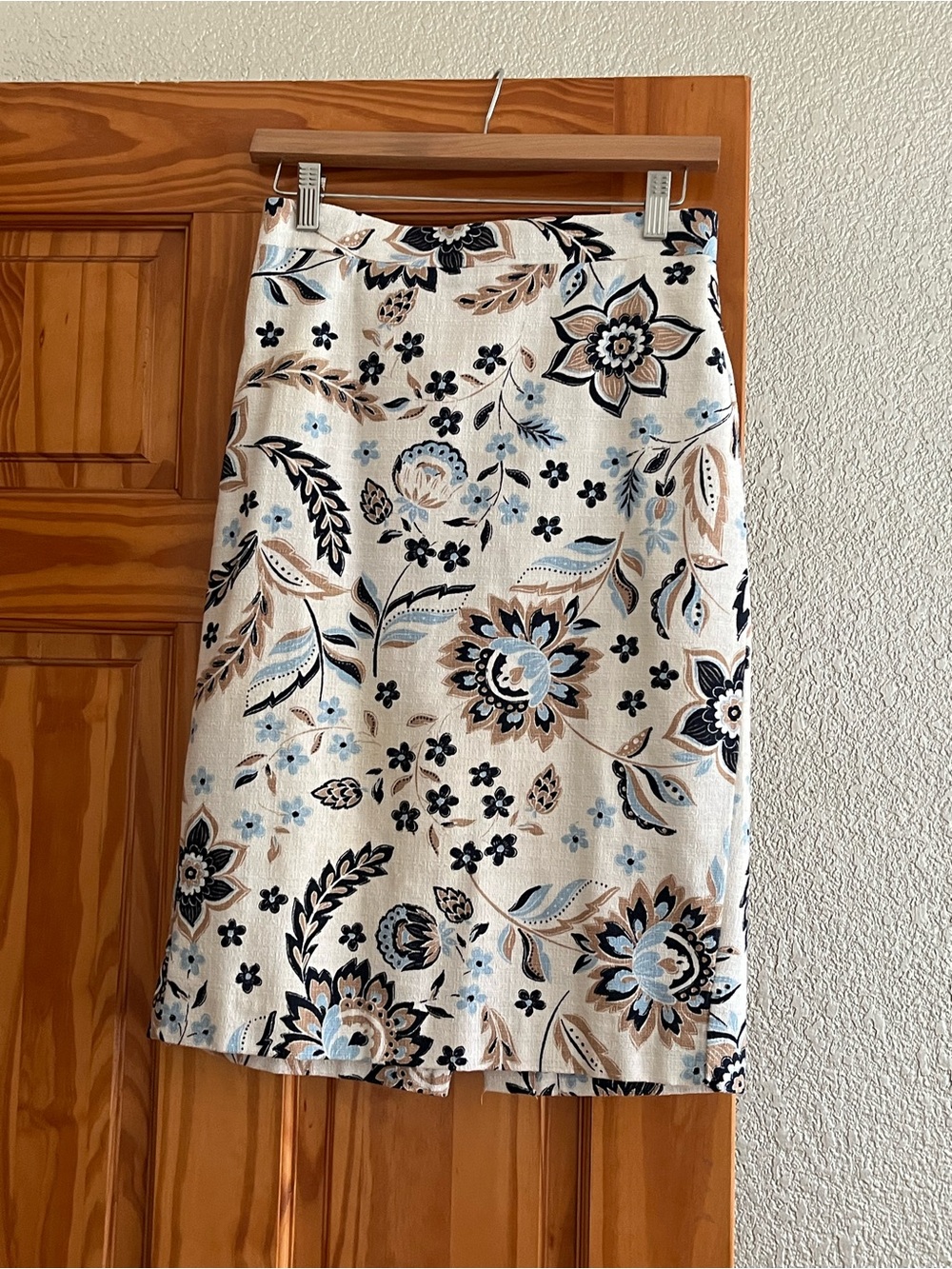 Ann Taylor Cream Pencil Skirt with Blue and Black Floral Print